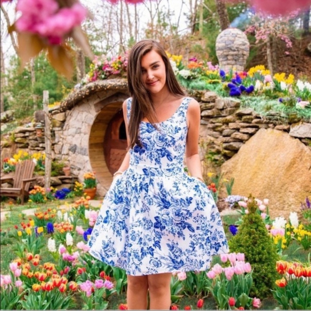 🆕 Kiel James Patrick Dress Seaside Bloom Blue White Floral Linen Sleeveless 12